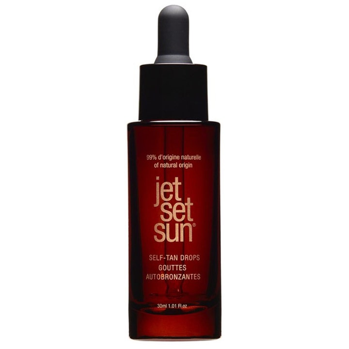 Jet Set Sun Self-Tan Drops 30 ml giver glød i en mørk glasflaske med praktisk pipette og guldskrift