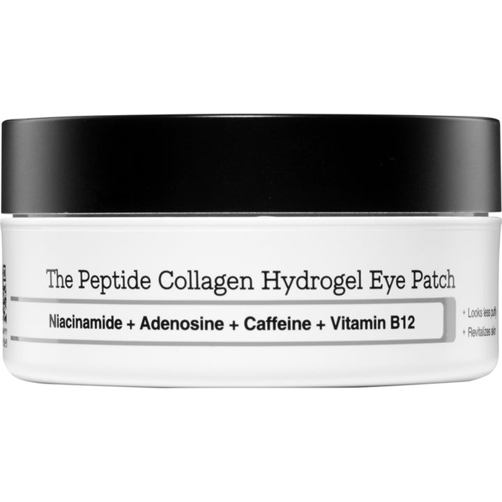 The Peptide Collagen Hydrogel Eye Patch mod hævelser i hvid krukke med sort låg og opstrammende koffein