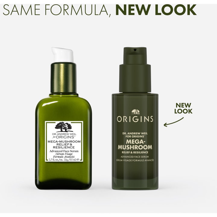 Origins Mega-Mushroom Face Serum 50 ml i ny mørkegrøn flaske der giver huden ro og modstandskraft