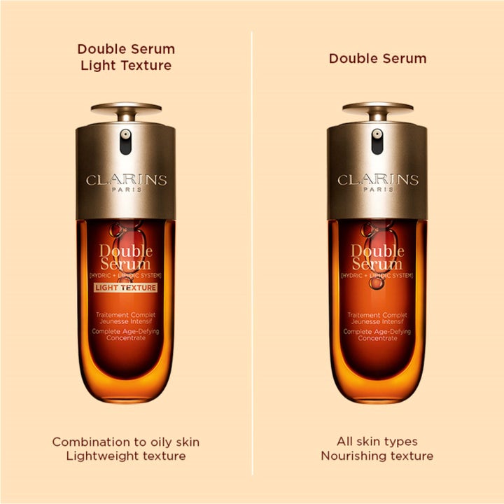 Clarins Double Serum Light Texture 50 ml sammenlignet med originalen for en let og plejende følelse.