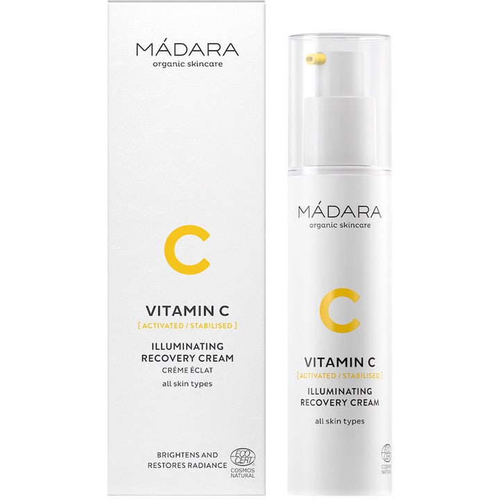 MÁDARA Vitamin C Illuminating Recovery Cream 50 ml glødgivende ansigtscreme i hvid pumpeflaske og æske med gult C