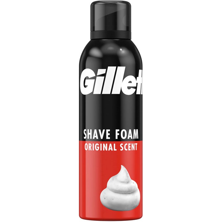 Gillette Shave Foam Original Scent 200 ml barberskum i sort og rød spraydåse med hvidt logo og skumillustration