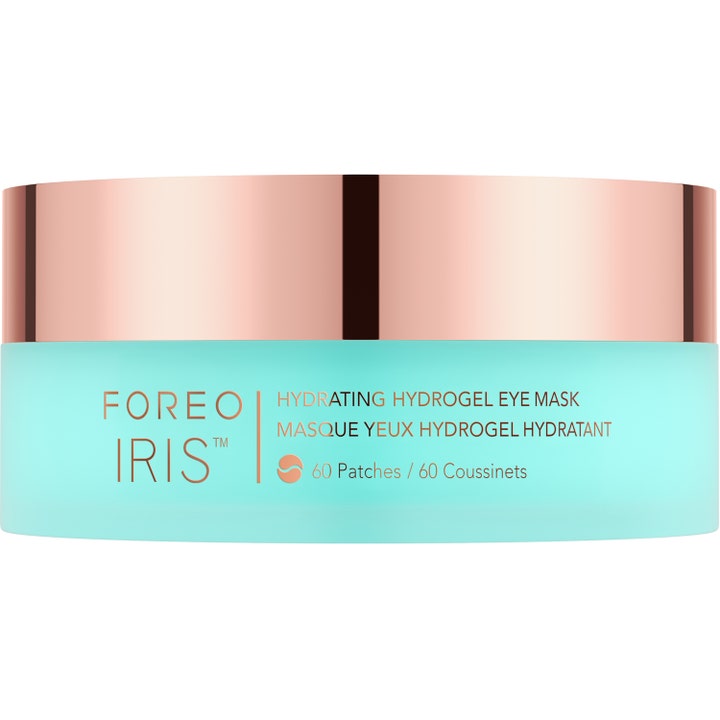 Foreo Iris Hydrating Hydrogel Eye Mask 60 stk fugtgivende øjenmaske i turkis krukke med skinnende låg i rosa guld
