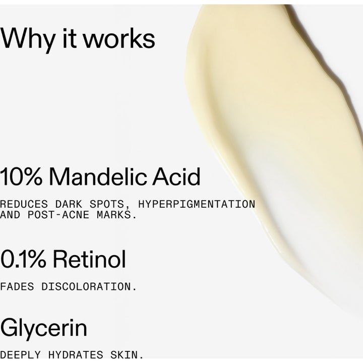 The INKEY List Mandelic Acid Treatment 15 ml serum mod pigmentpletter med info om mandelsyre og cremet teksturprøve