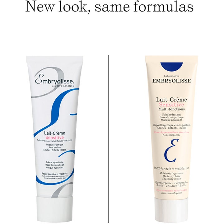 Embryolisse Lait Creme Sensitive 100 ml fugtgivende ansigtscreme i hvid og beige tube med teksten New look same formulas
