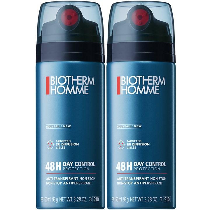 Biotherm Homme Day Control Protection 2x150 ml antiperspirant mod sved i to blå sprayflasker med sorte låg