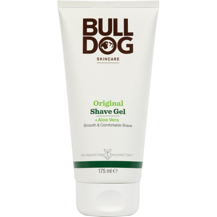 Bulldog Original Shave Gel 175 ml plejende barbergele med aloe vera i hvid tube med grønne detaljer