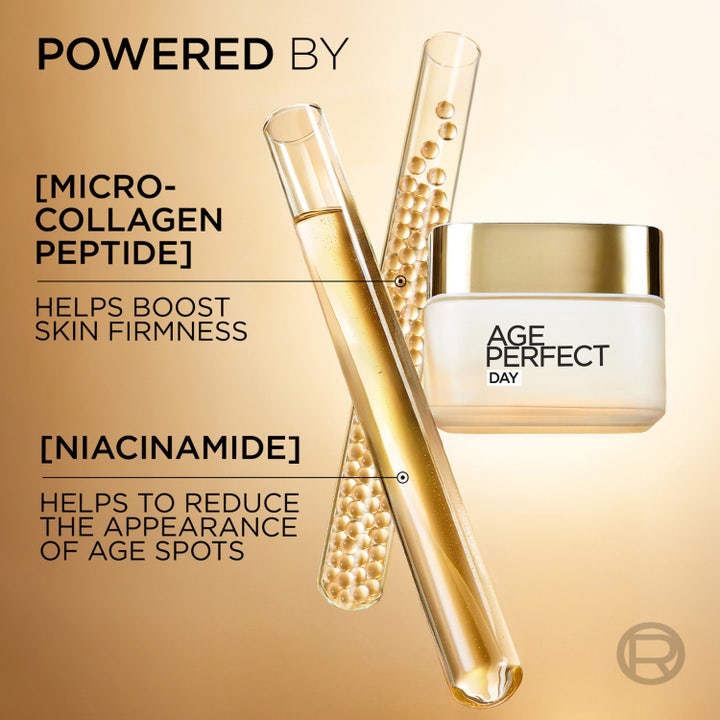 L'Oréal Paris Age Perfect Day Cream 50 ml dagcreme i en hudplejerutine med nat- og øjencreme i hvide guldkrukker.