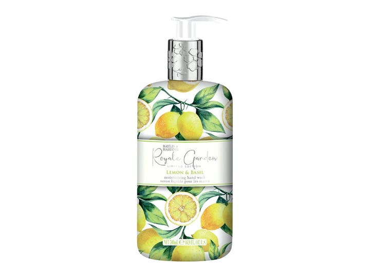 Baylis & Harding Royale Garden Lemon & Basil 500 ml fugtgivende håndsæbe i klar flaske med citroner og hvid pumpe