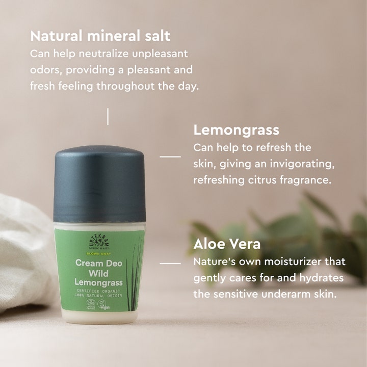 Urtekram Wild Lemongrass Deo 50 ml frisk deodorant med aloe vera og mineralsalt vist med infografik og grøn etiket.