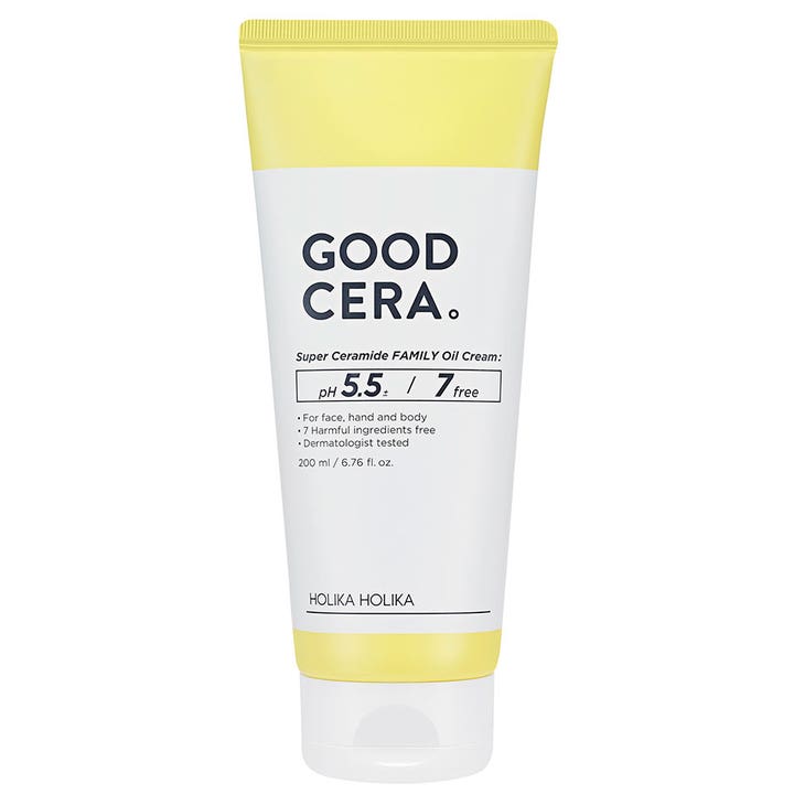 Holika Holika Good Cera Super Ceramide Family Oil Cream 200 ml fugtgivende oliecreme i hvid og gul tube.