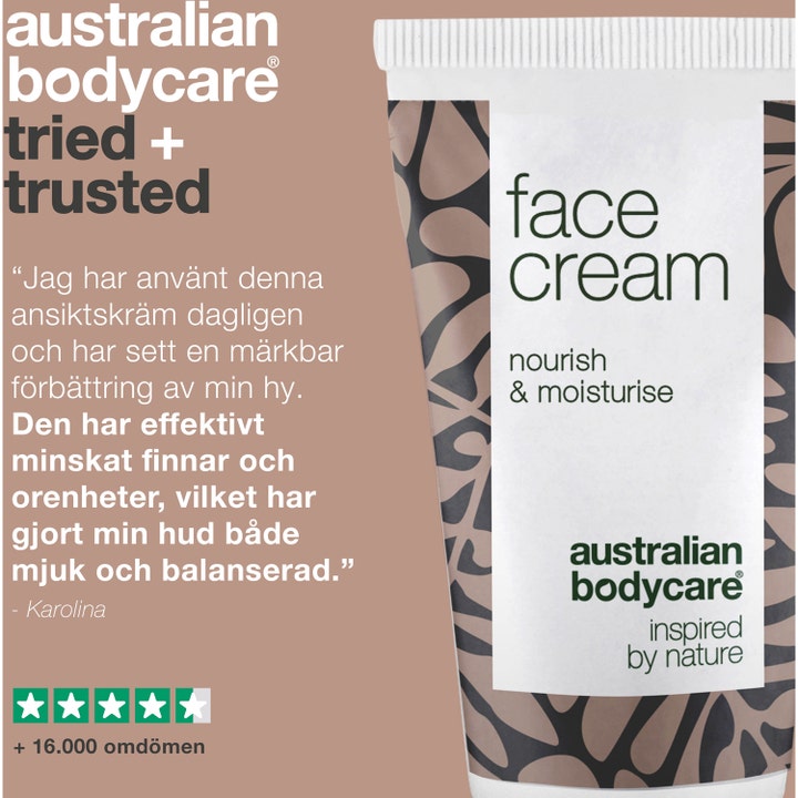 Australian Bodycare Face Cream 50 ml plejende ansigtscreme i tube med kundeanmeldelse og stjernebedømmelse.
