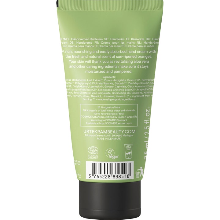 Urtekram Aloe Vera Hand Cream 75 ml fugtgivende håndcreme i grøn tube set bagfra med ingrediensliste og certificeringer