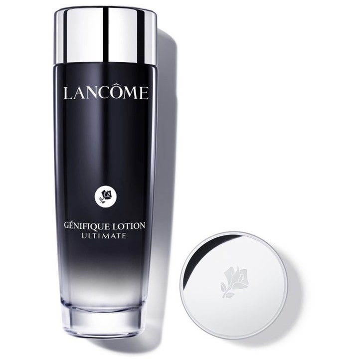Lancôme Génifique Lotion Ultimate styrkende ansigtslotion i elegant sort gradientflaske med blankt sølvlåg.