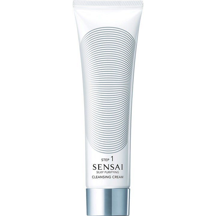 Sensai Silky Purifying Cleansing Cream ansigtsrens i hvid tube med sølvlåg og gråt cirkulært mønster.