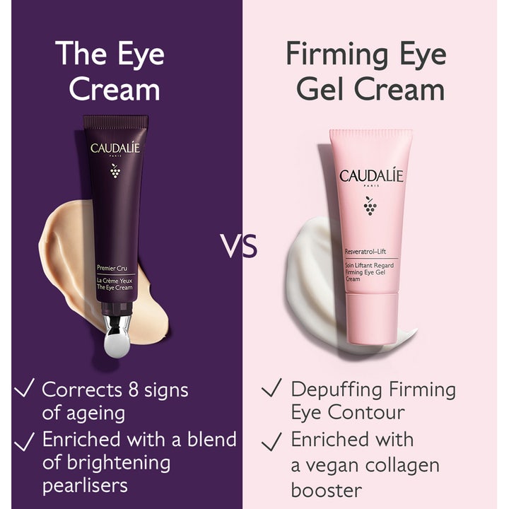 Caudalie Premier Cru The Eye Cream 15 ml øjencreme mod 8 aldringstegn i lilla tube vist mod lyserød gelcreme