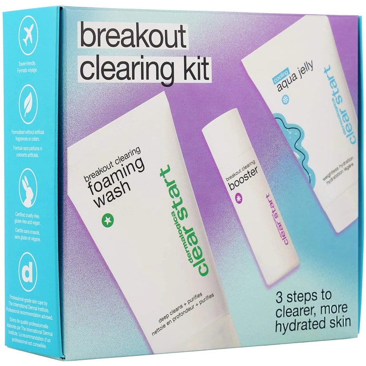 Dermalogica Clear Start Breakout Clearing Kit 3 dele hudplejesæt mod urenheder i blå æske med hvide tuber og flasker