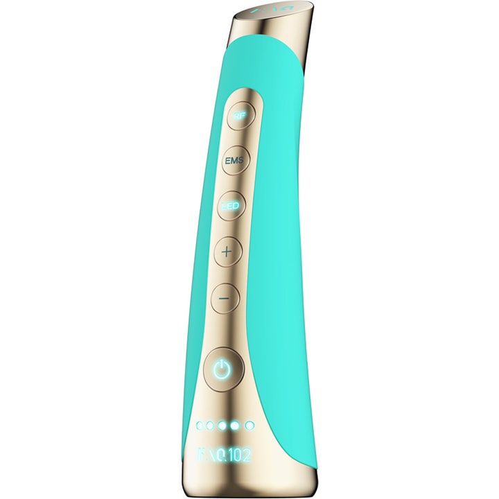 FAQ Swiss FAQ 102 LED-Pulse Facial Device 1 stk anti-ageing apparat i turkis og guld med RF og EMS knapper