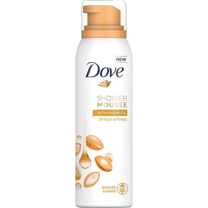 Dove Shower Mousse with Argan Oil 200 ml plejende kropsvask i hvid sprayflaske med guldpumpe