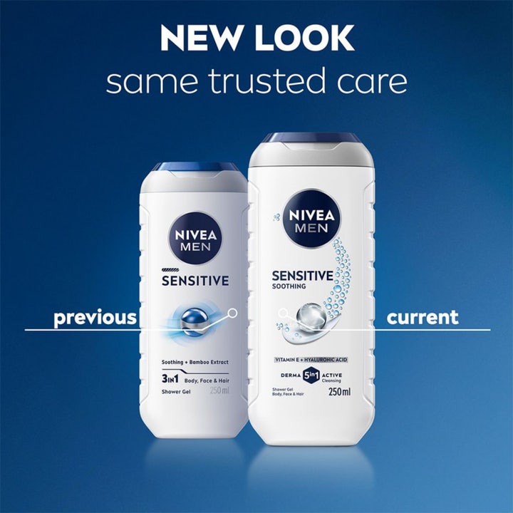 NIVEA MEN Shower Gel Sensitive 250 ml kropspleje til følsom hud viser mand i badet med hvidt skum og pH-neutral tekst
