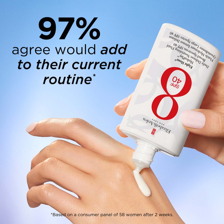 Elizabeth Arden Eight Hour Sun Hydraplay 50 ml SPF 40 solcreme påføres huden fra hvid tube med 97 % tekst.
