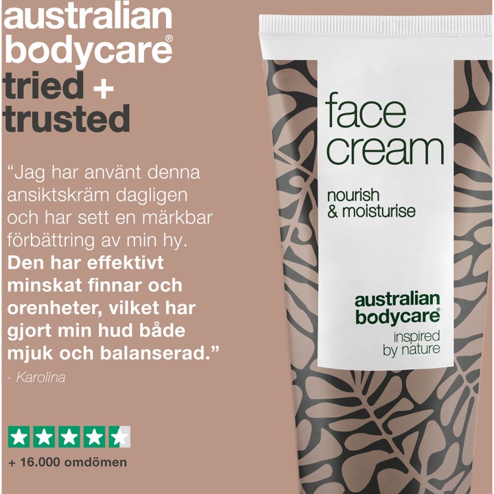 Australian Bodycare Face Cream 100 ml dagcreme mod urenheder i tube med bladmotiv og en positiv kundeanmeldelse.