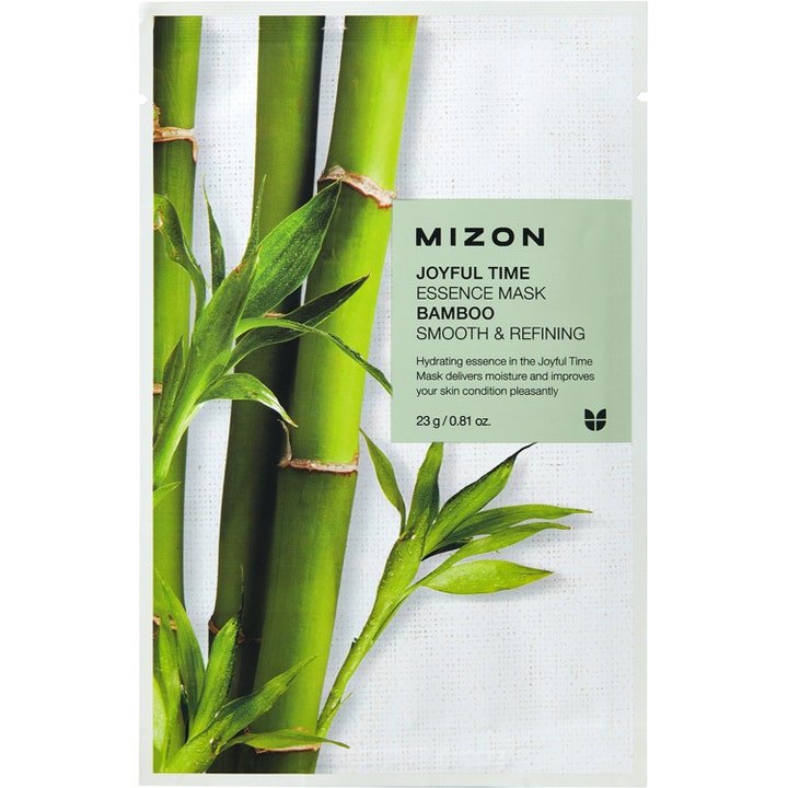 Mizon Joyful Time Essence Mask Bamboo 23 g blødgørende sheet mask i hvid indpakning prydet med grønne bambusstængler