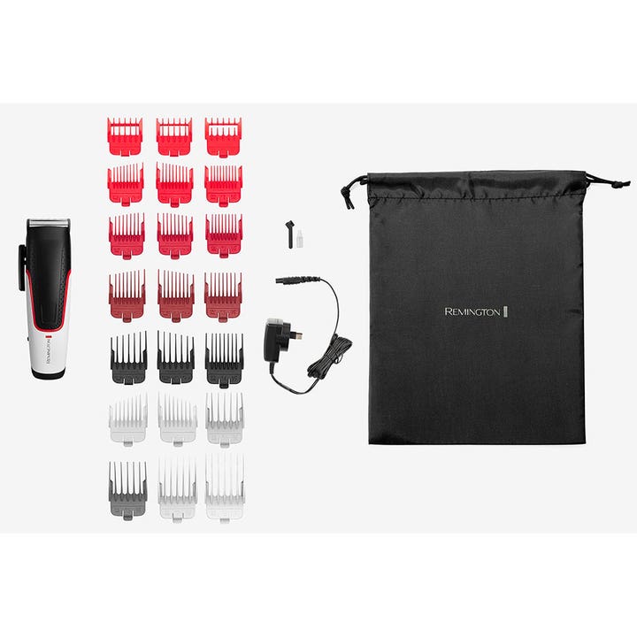 Remington Easy Fade Hair Clipper HC500 hårtrimmer med 18 farvekodede kamme, lader og sort opbevaringspose
