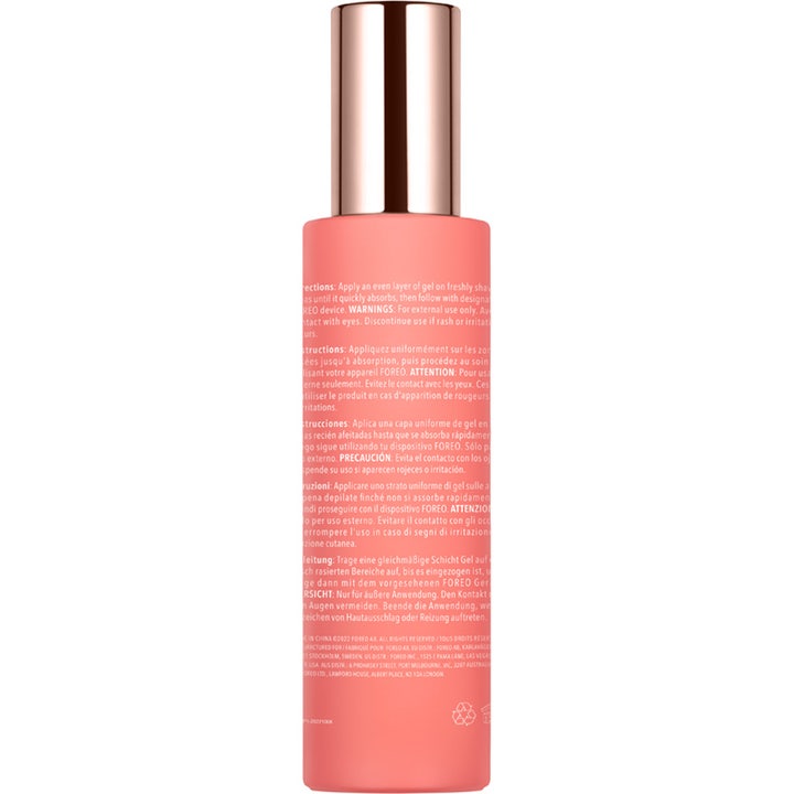 FOREO PEACH Cooling Prep Gel 100 ml beroligende gel i ferskenfarvet flaske med tekst og skinnende rosaguld pumpe