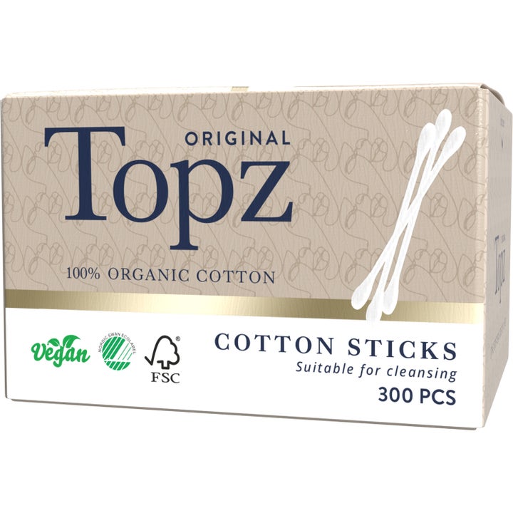 Topz Original Cotton Sticks 300 stk af økologisk bomuld i beige og hvid æske med illustration af hvide vatpinde.