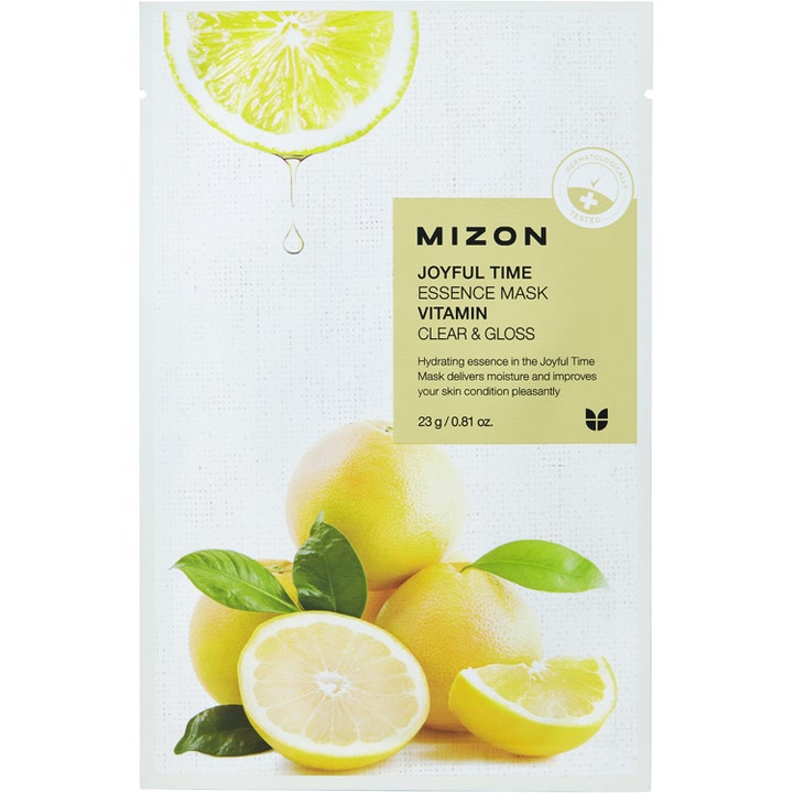 Mizon Joyful Time Essence Mask Vitamin 23 g fugtgivende ansigtsmaske i hvid pakke med friske citroner der giver glød