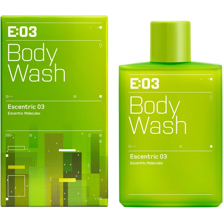 Escentric Molecules Escentric 03 Body Wash 200 ml kropssæbe der giver friskhed i limegrøn flaske og grafisk æske