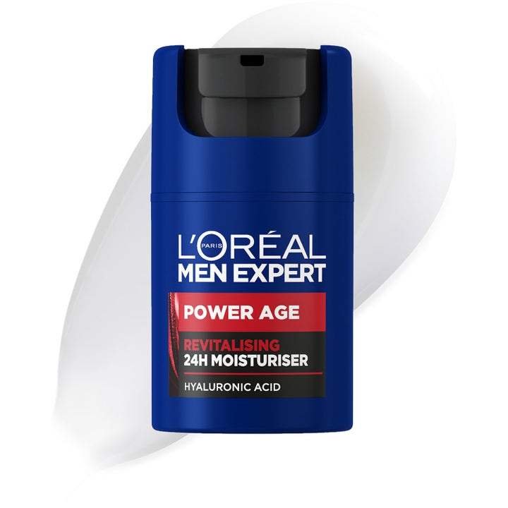 L'Oréal Paris Men Expert Power Age 50 ml fugtighedscreme med hyaluronsyre ovenpå en hvid cremetekstur