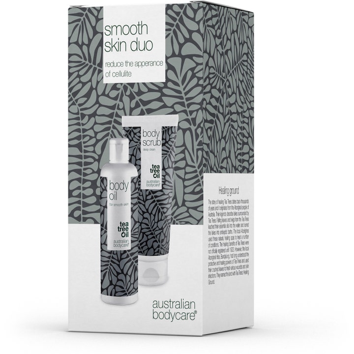 Australian Bodycare Smooth Skin Duo mod appelsinhud med Tea Tree Oil i grå mønstret æske med olie og scrub