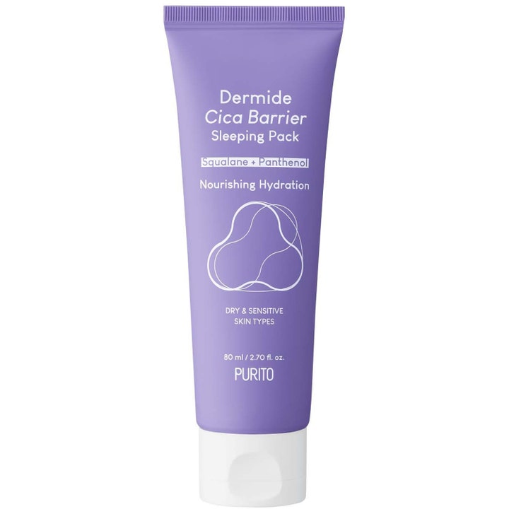 Purito Dermide Cica Barrier Sleeping Pack 80 ml nærende ansigtsmaske i lilla tube med hvidt låg