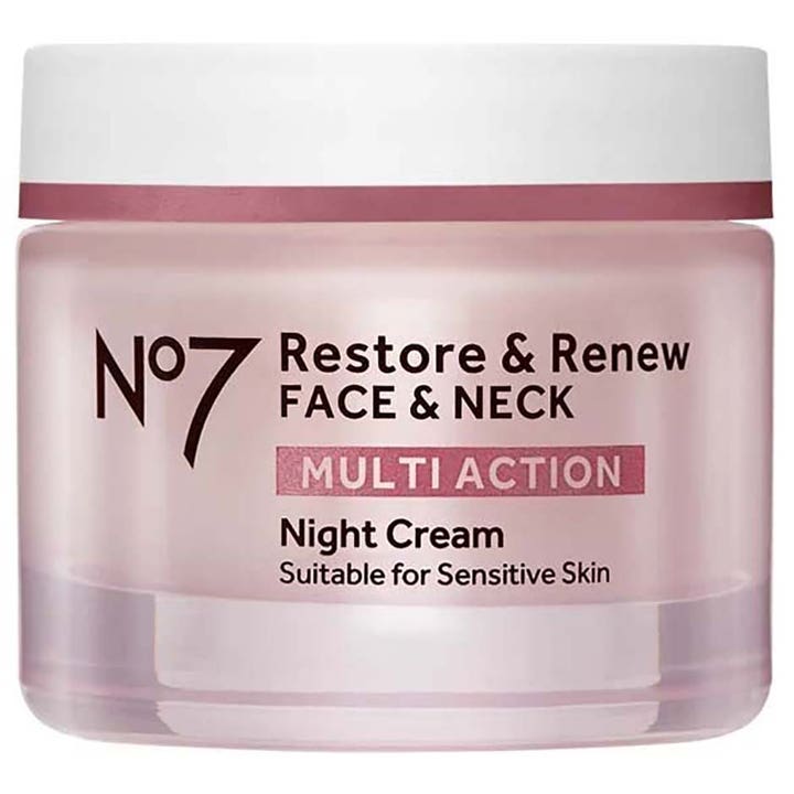 No7 Restore & Renew Face & Neck Night Cream 50 ml opstrammende natcreme i lyserød glaskrukke med hvidt låg