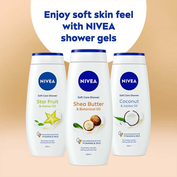 NIVEA Shea Butter 250 ml blødgørende bodyshampoo vist i hvide flasker med kokos og stjernefrugt varianter.