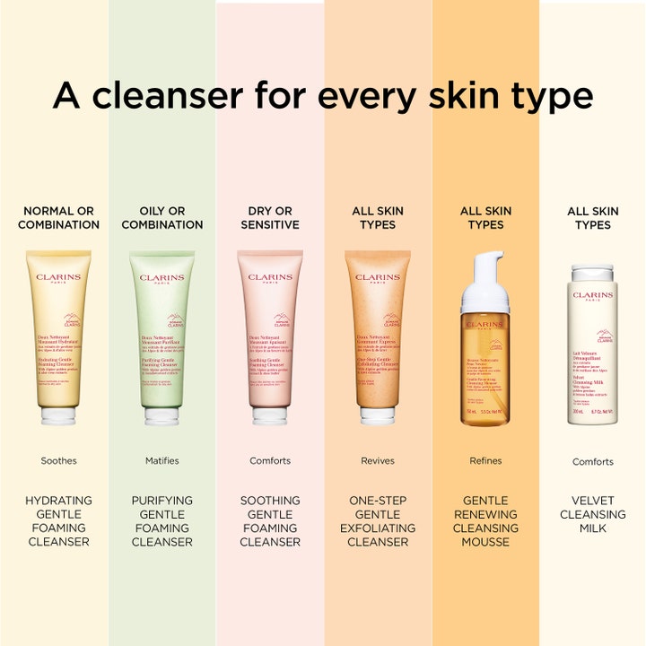 Clarins Soothing Gentle Foaming Cleanser 125 ml i lyserød tube beroliger tør hud i et udvalg af renseprodukter