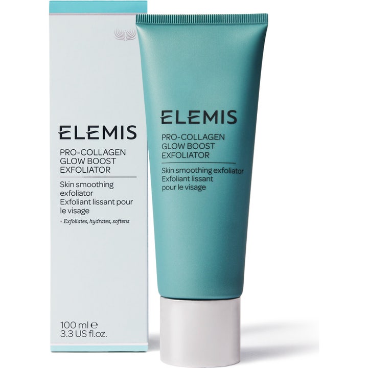 Elemis Pro-Collagen Glow Boost Exfoliator 100 ml ansigtsskrub i blågrøn tube og hvid æske