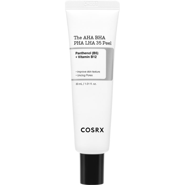 COSRX The AHA BHA PHA LHA 35 Peel 30 ml eksfolierende ansigtsmaske i hvid tube med sort låg