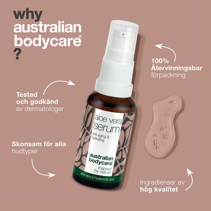 Australian Bodycare Aloe Vera Serum 30 ml fugtgivende serum i brun glasflaske med pumpe og en klar geltekstur.