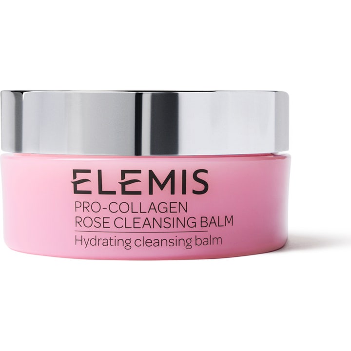 Elemis Pro-Collagen Rose Cleansing Balm 105 g fugtgivende balm i lyserød krukke med skinnende sølvlåg.