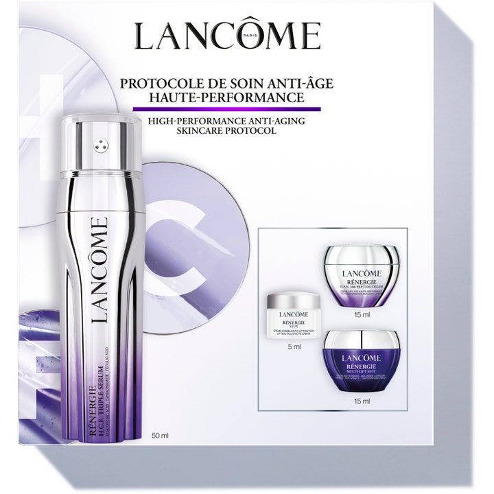 Lancôme Rénergie H.C.F. Triple Serum 50ml anti-age sæt med opstrammende cremer i lilla og sølv emballage.
