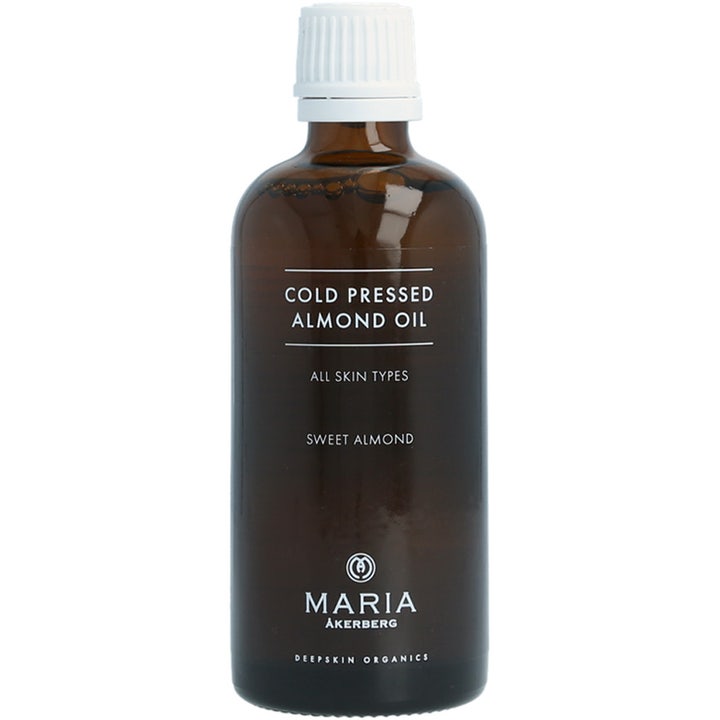 Maria Åkerberg Cold Pressed Almond Oil fugtgivende kropsolie i mørk glasflaske med hvidt låg.