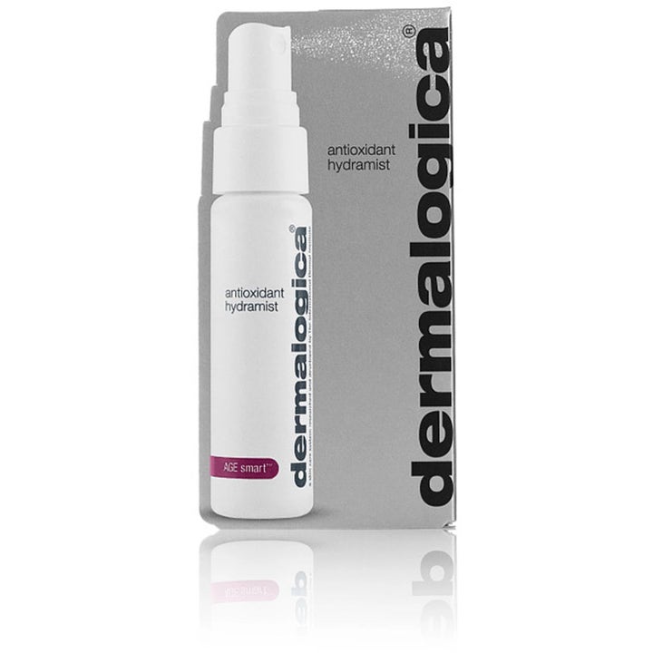 Dermalogica Antioxidant Hydramist Duo 2 x 30 ml opstrammende ansigtsspray i hvid sprayflaske og sølvfarvet æske