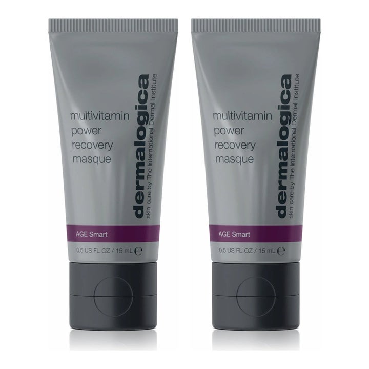 Dermalogica Multivitamin Power Recovery Masque 15 ml genopbyggende ansigtsmaske i to grå tuber med sorte låg.