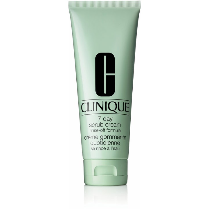Clinique 7 Day Scrub Cream 100ml eksfolierende ansigtsscrub i en lysegrøn tube med sort tekst og logo