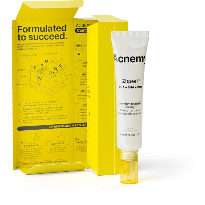 Niche Beauty Lab Acnemy Zitpeel 40 ml eksfolierende peeling i hvid tube med gul emballage