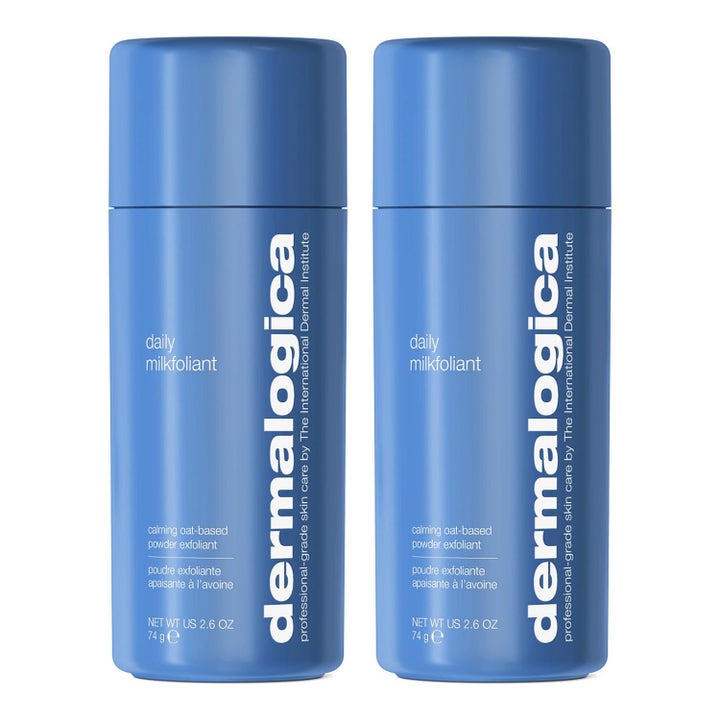 Dermalogica Daily Milkfoliant 74 g beroligende eksfoliering i to blå flasker med havre der giver blød hud