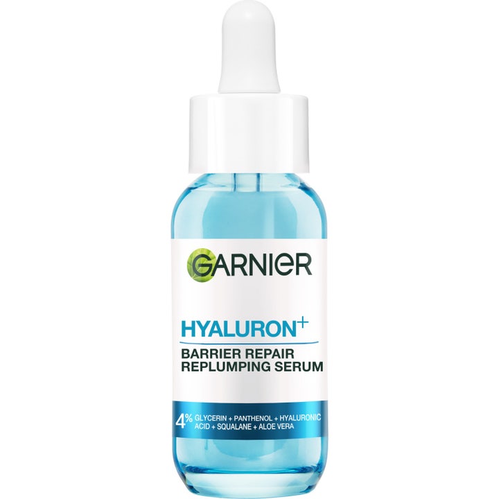 Garnier Hyaluron+ Barrier Repair Replumping Serum 30 ml i klar glasflaske med hvid pipette og lyseblå væske.